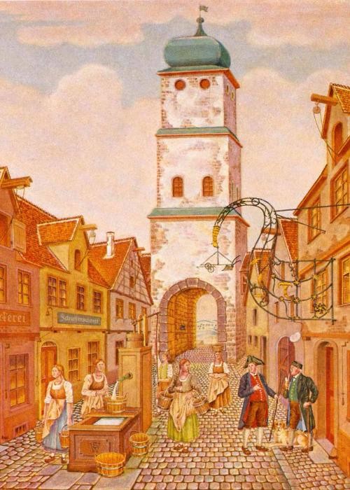 Historischer Torturm und Teil einer mittelalterlichen Straße, Gemälde von Wilhelm Schneider
