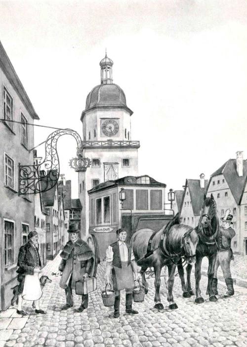 Schwarz-Weiß-Zeichnung Häuser, Pferde und Kutsche, Zeichnung: Wilhelm Schneider