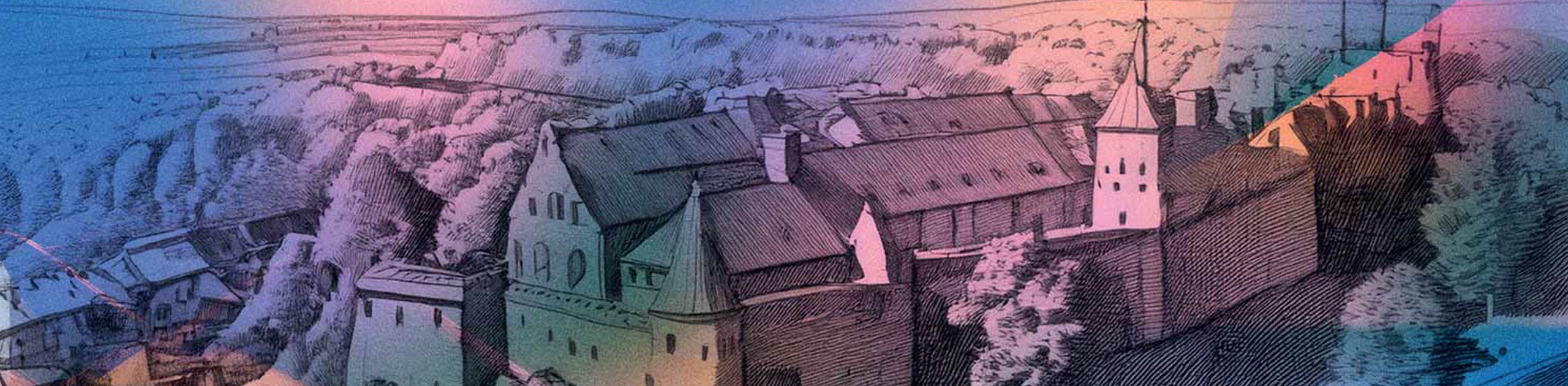 Schwarz gezeichnetes Schloss farbig hinterlegt