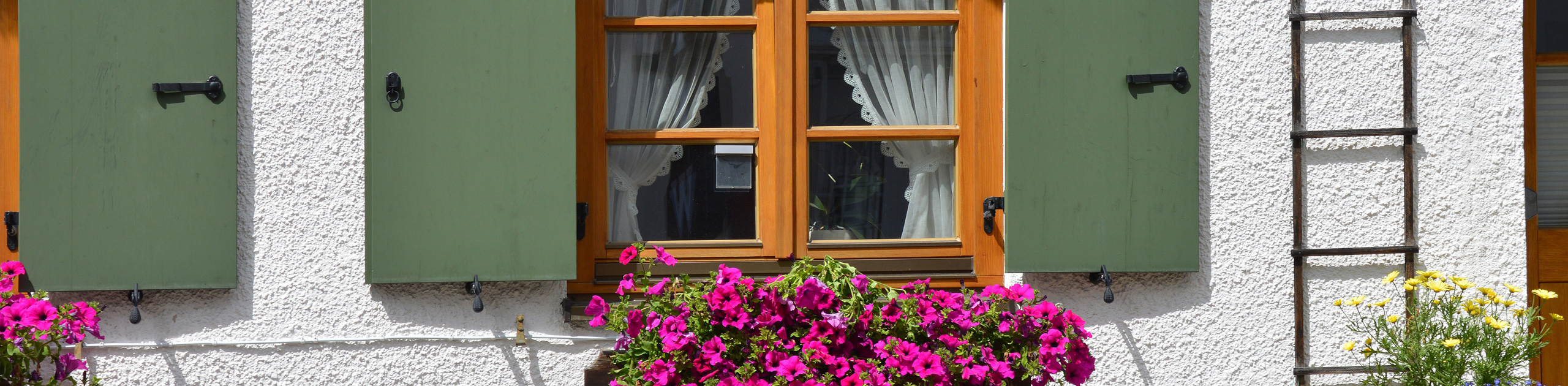 Haus mit Fensterläden und Blumen