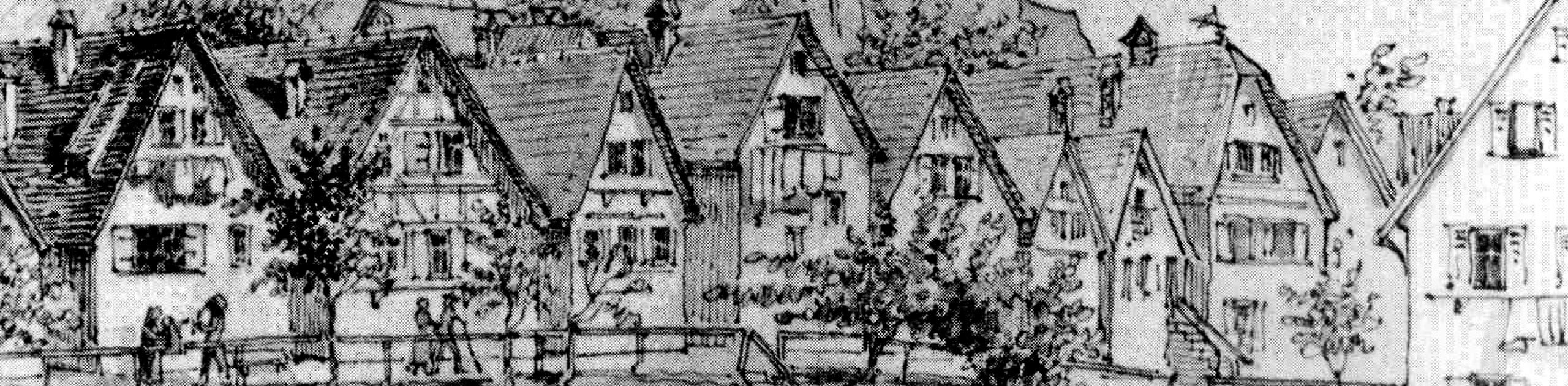Schwarz-Weiß-Zeichnung historische Häuserreihe, Zeichnung von Pfäfflin um 1865