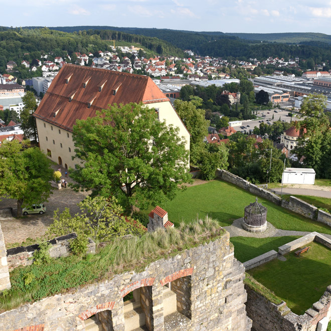 Gelände Schloss Hellenstein von oben mit Blick auf die Stadt
