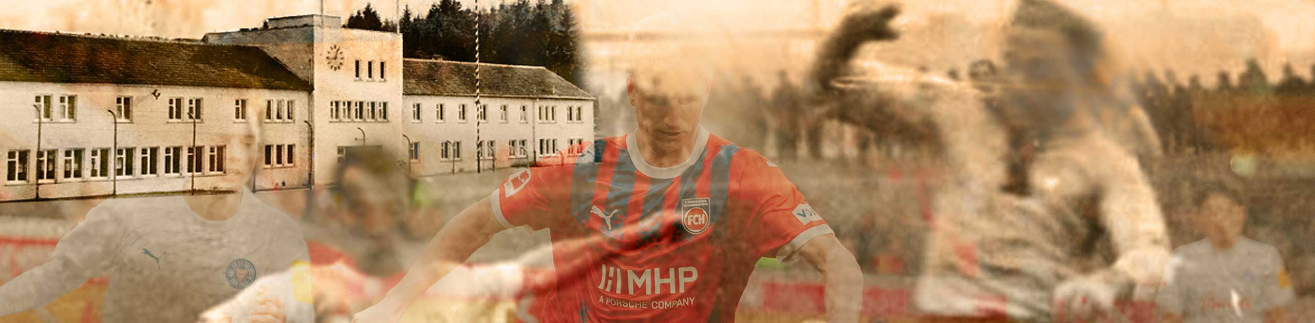 Spielende Fußballer verschwommen vor einem Gebäude, Grafik Rainer Jooss